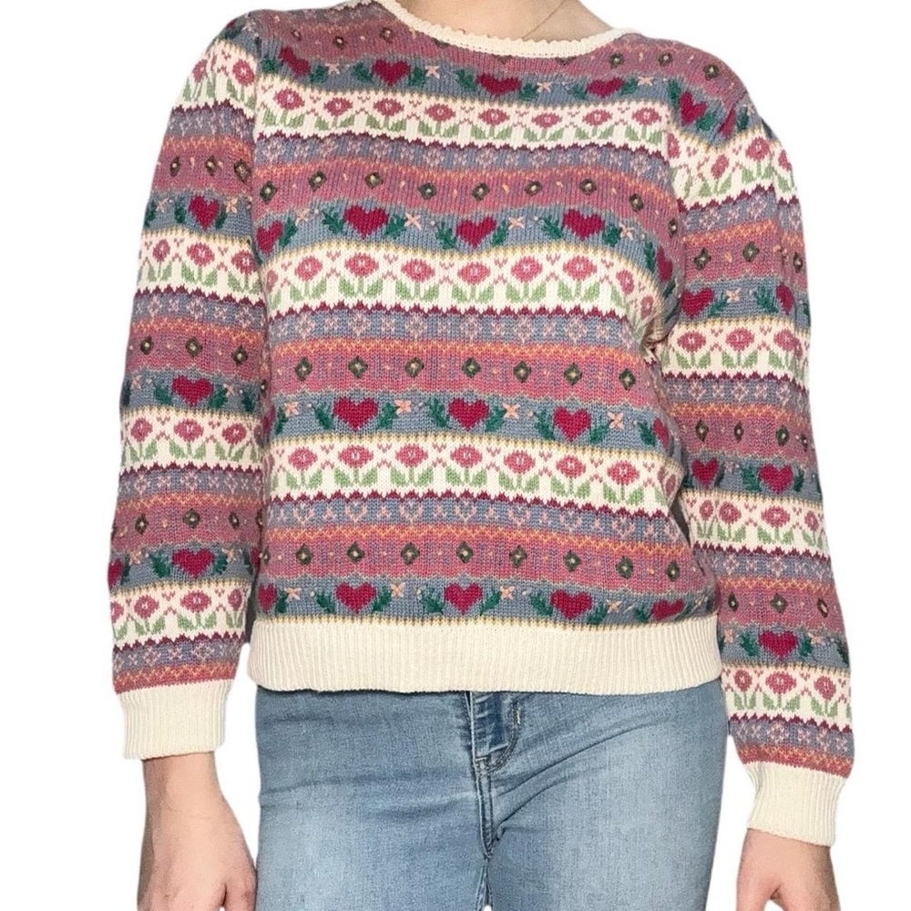 Northern Isles Hand Embroidered Crewneck Sweater in Cream & Pink